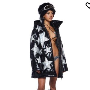 Women's Holographic Star Black Puffer Jacket OVERSIZED